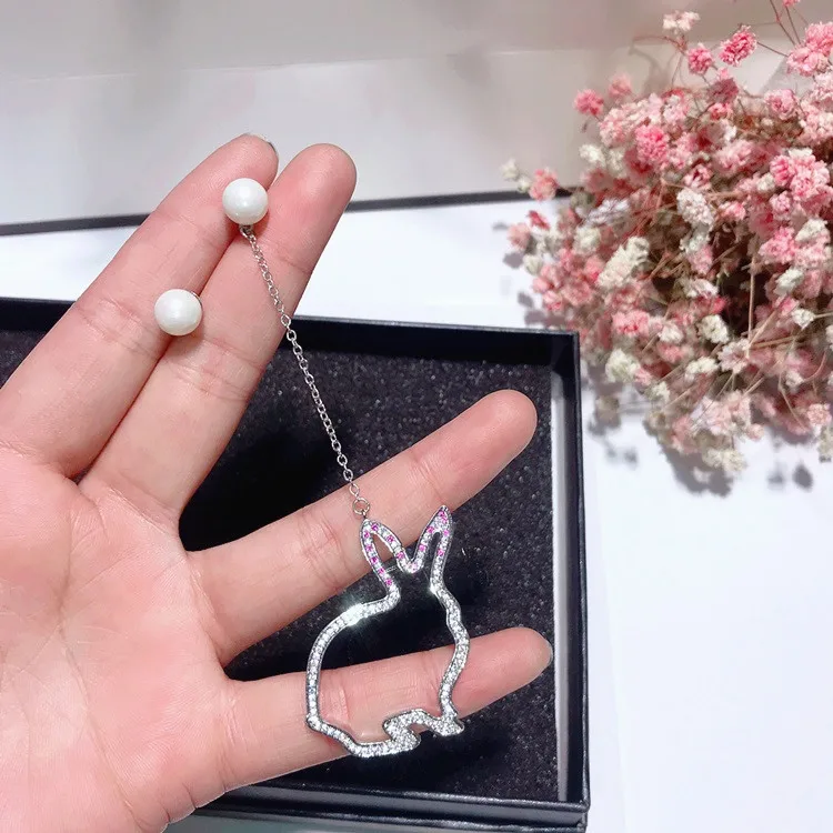cute rabbit asymmetric pearl earrings 925 silver stud Hypoallergenic fadeless alloy fashion jewelry stud earrings for women gift