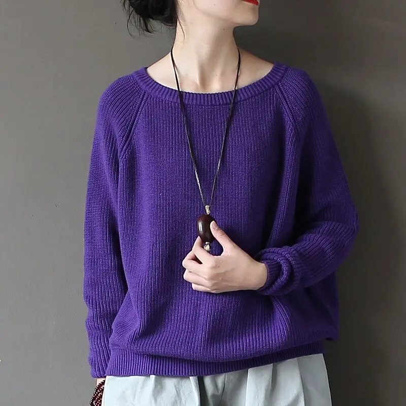 Новинка года, Осенний женский теплый зимний свитер, однотонный пуловер, вязаный хлопковый Свободный Повседневный женский свитер с круглым вырезом - Цвет: Фиолетовый