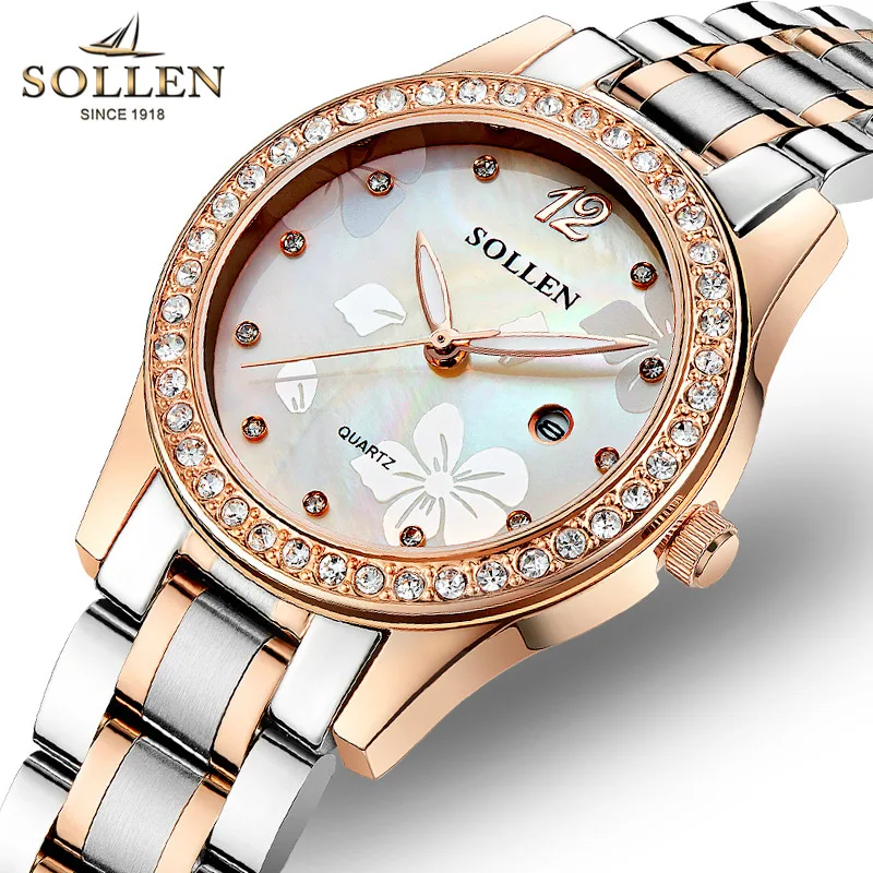 

SOLLEN Brand Luxury Fashion Women Watch Exquisite Diamond Decoration Pattern Stainless Steel Strap Luminous Ladies Quartz Watch