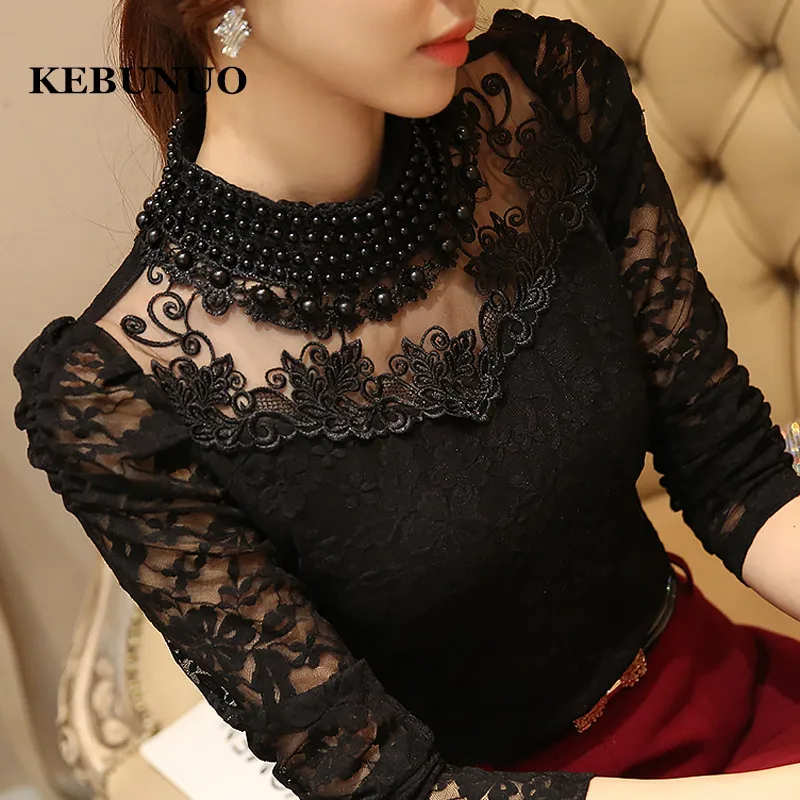 Sexy Lace Chiffon Tops Autumn Women Blouses Shirts Plus