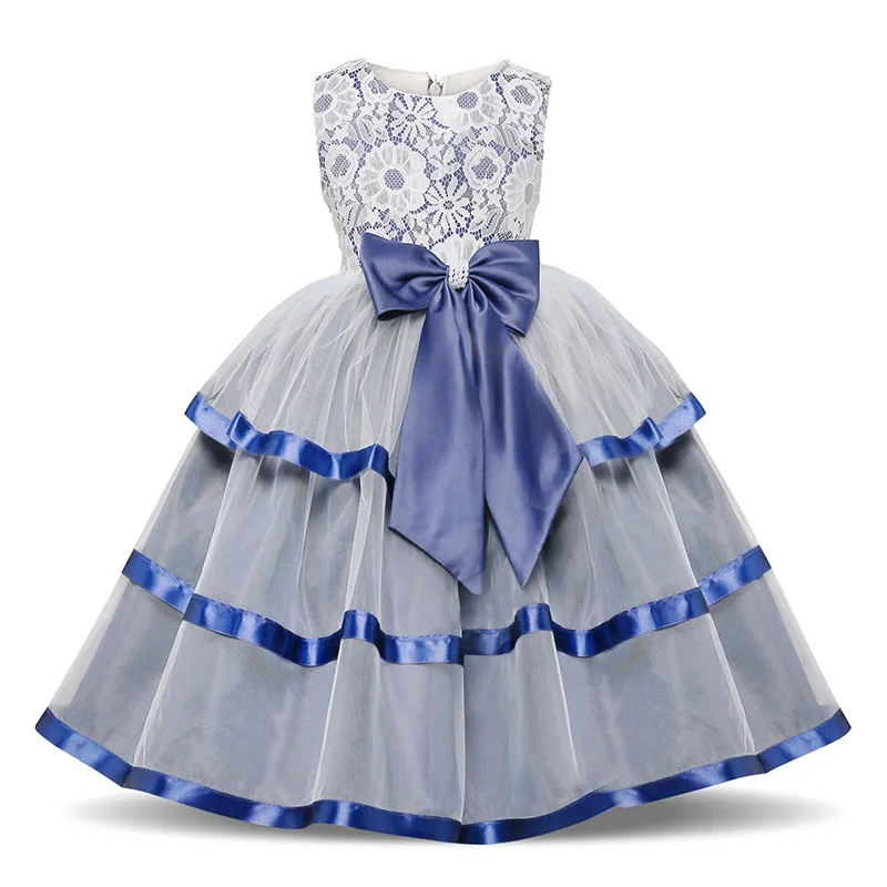 Пышное Платье с цветочным узором для девочек; свадебное вечернее платье принцессы для девочек; Пышное Бальное Платье с вышивкой; Детские праздничные платья для девочек - Цвет: Blue