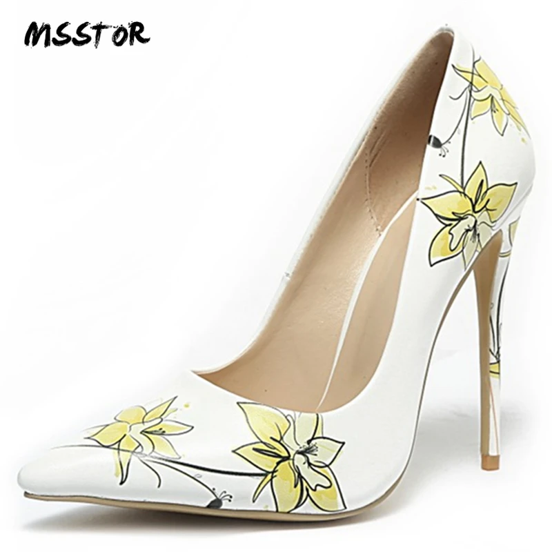 

MSStor Print Flower Big Size Shoes Woman Elegant Shallow Party Spring Autumn Super High Heels Slip-On Nude Shoes Ladies Pumps