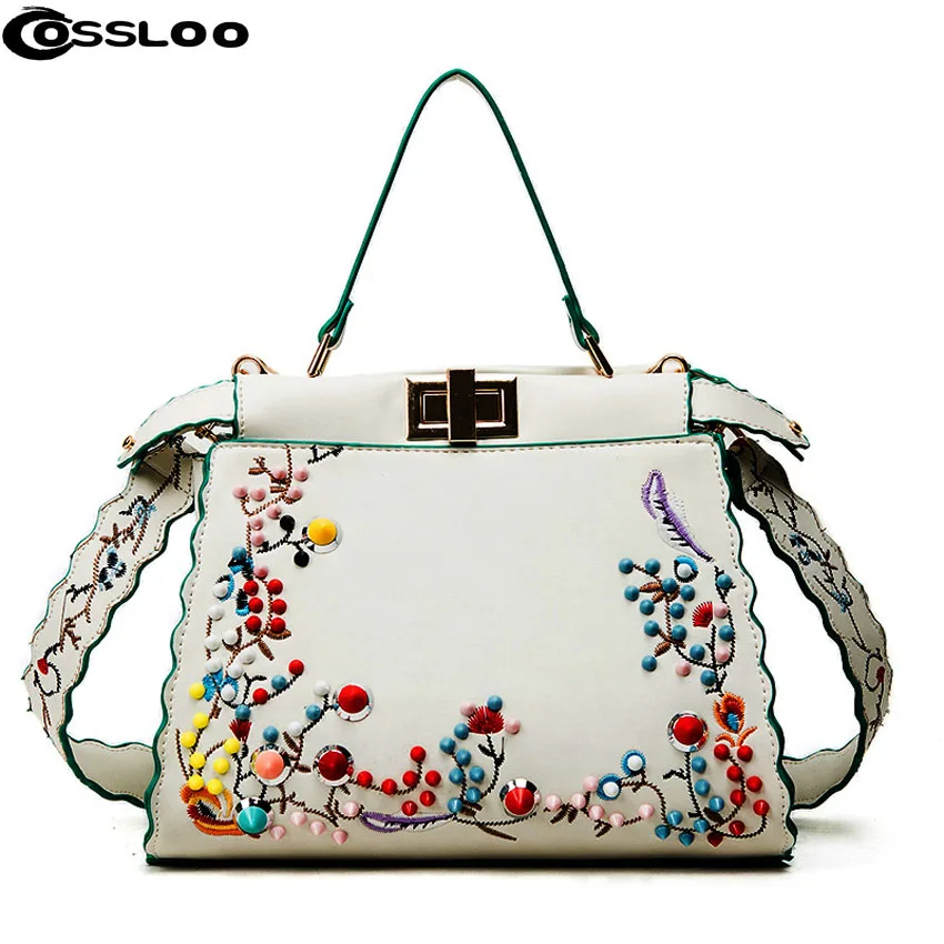 COSSLOO New Women Peekaboo Bag Embroidery Famous Brand Designer Tote Handbag Shoulder Bags Printing Rivet Waves Luxury Bag Purse