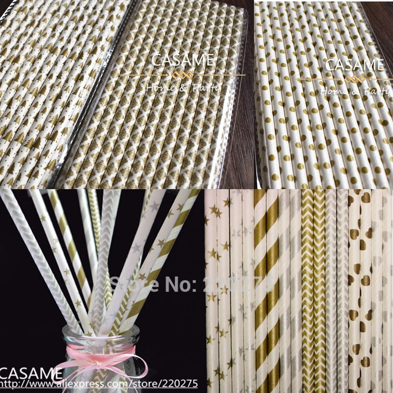 

100pcs Pink golden paper straws Party straws Environmental Gold Silver paper straws Mixed Striped Stars Chevron patterns