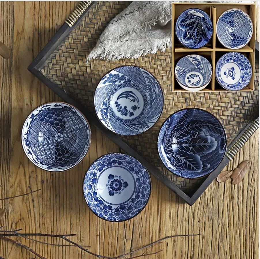 6pcs/4pcs Chinese Style Classical Ceramic Blue And White Kitchen Rice Bowl Big Ramen Soup Bowl free shipping