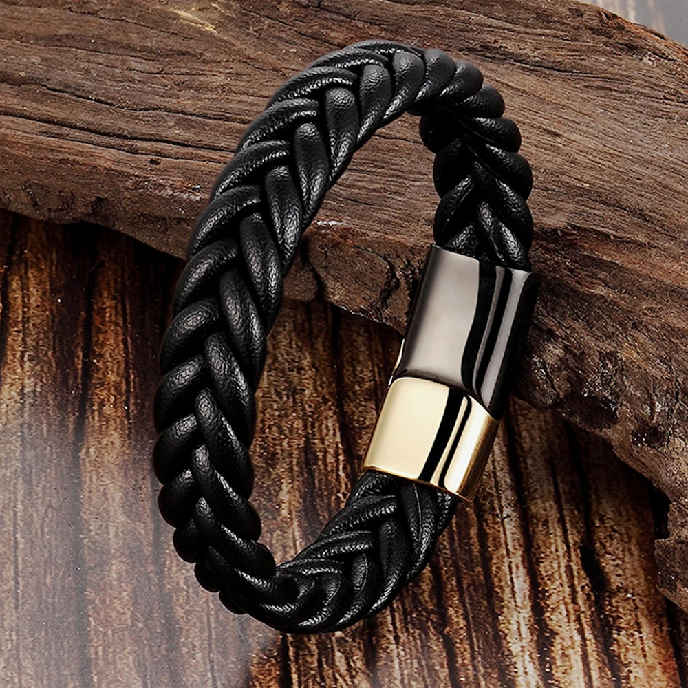 

Fashion Braided Leather Bracelets Gold Stainless Steel Clasp Bracelets Bangles Black/Brown Rope Chain Punk Wristband