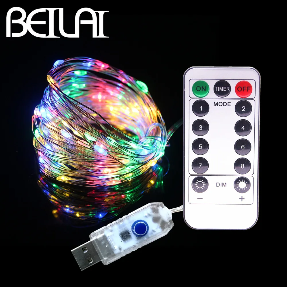 

33FT 10M 100LEDs 5V LED String Lights USB 8 Function Sliver wire Fairy LED Christmas Lights Wedding Party Holiday with RF Remote