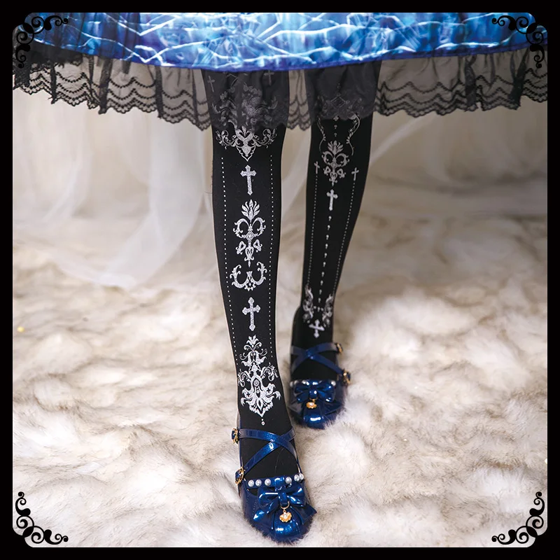 

Vintage Women's Lolita Tights Luxury Cross Velvet Pantyhose Bronzing Cosplay Kawaii Cute Elegant Socks Sweet Black / White Japan