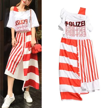 

2 Piece Women Off Shoulder Letters Embroidery Sequins Tees Blouses Stripped Bohemian Clothing Sets And Loose Skirts Suits CC003