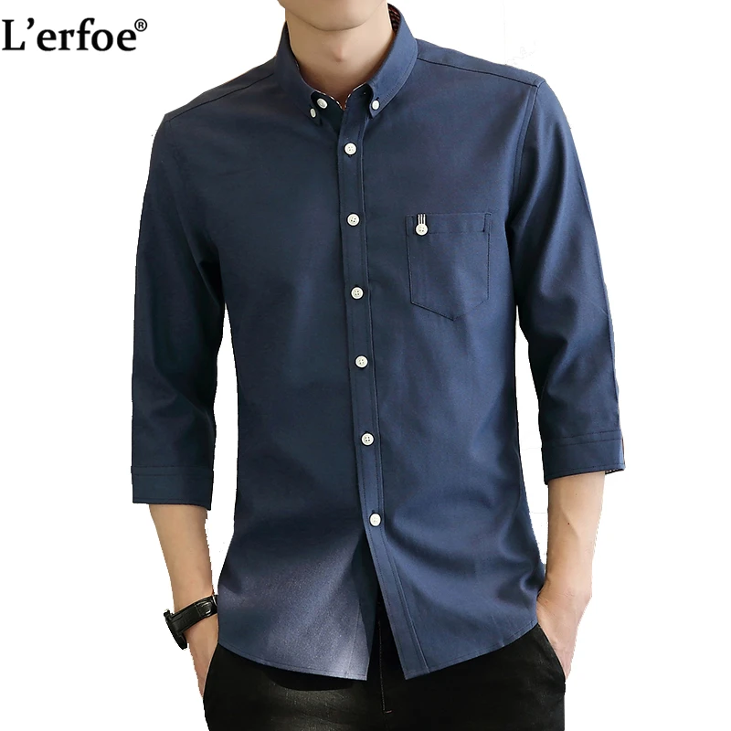 L erfoe Casual Cotton Shirt Men 3 4 Sleeve Slim Fit Solid Shirt Male l-erfoe-casual-cotton-shirt-men-3-4-sleeve-slim-fit-solid-shirt-male