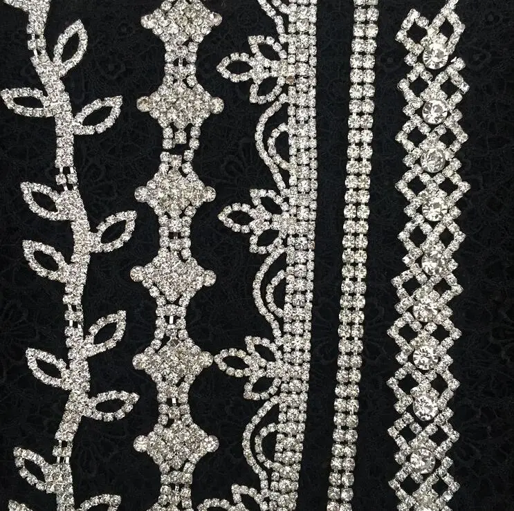 

10cm Per Lot Clear Crystal Rhinestone Trim Chain Silver Base Trim Applique Sew on for Dress Decoration Garment Shoes Bags
