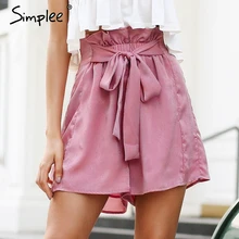 Женские розовые шорты Simplee с рюшами, повседневные атласные мягкие шорты с бантом и эластичные в талии, шикарные свободные шорты для лета