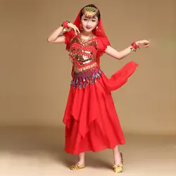 Сари танцевальная одежда дети индийские наряды Болливуда Костюмы Дети Танец живота Костюм комплекты 5 шт. (Топ пояса юбки покрывал Браслеты)