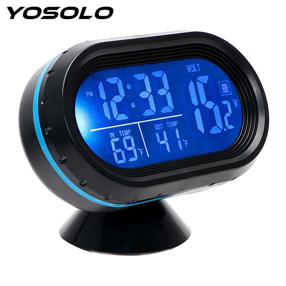 

YOSOLO Automobiles Clock Thermometer Voltage Tester Dual Temperature Dashboard LED Lighted Watch Car Ornament Gauge Voltmeter