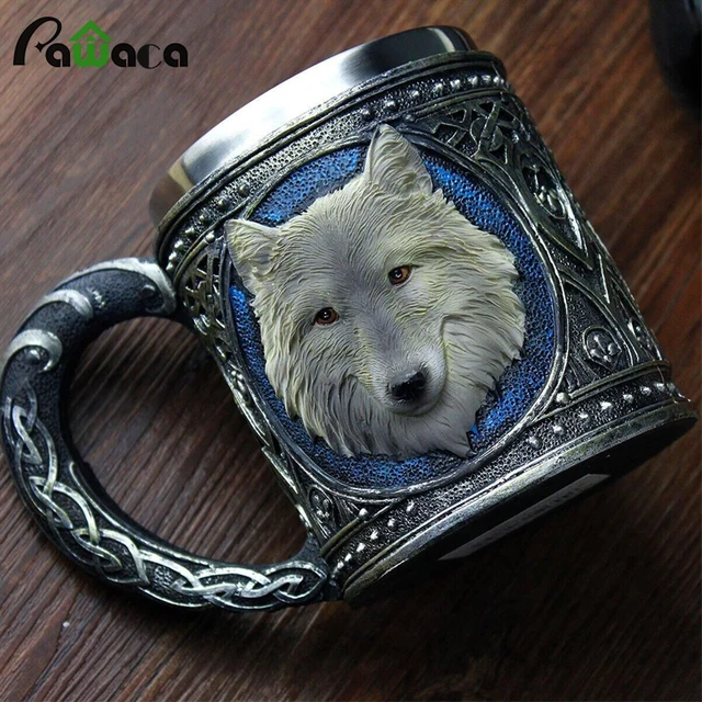 $US $12.66 3D Wolf Mug Cartoon Animal Lone Wolf King Drinking Cup Retro Resin Stainless Steel Lining Tea Beer 