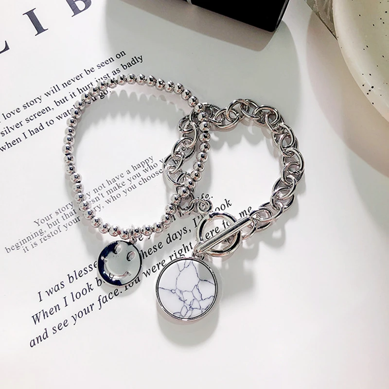 

HZ 2Pcs 2019 Elegant Marble Handmade Smile Face Chain Round Bracelet Silver Metal Hand Jewelry Irregular Beads Bangle for Women