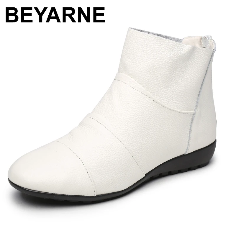 Goedkoop BEYARNE nieuwe komen Echt lederen laarzen gesp vrouwen laarzen flats winter schoenen dames vrouwelijke herfst laarzen zwart, wit, beige