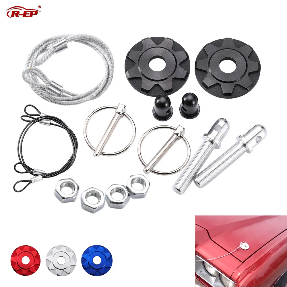 

R-EP Racing Car Hood Lock with Quick Latch Rope Universal Aluminum Hood Pins Lock Clip Kit for Engine Bonnets with Drilling