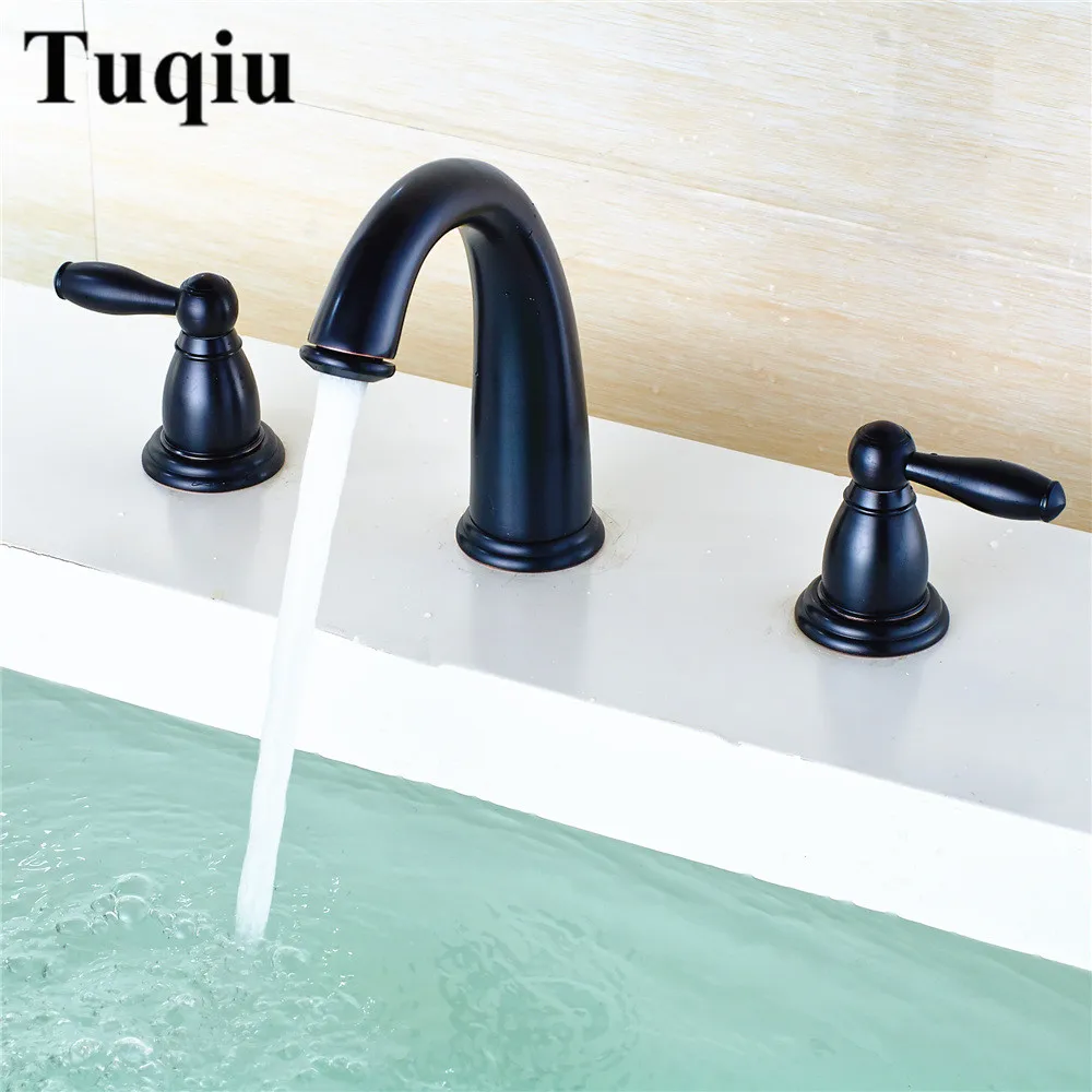

Bathroom Widespread Basin Faucets Deck Mounted Sink Mixer Tap 3 Hole 2 Handle Hot & Cold Water Tap Washbasin Retro Style Faucet