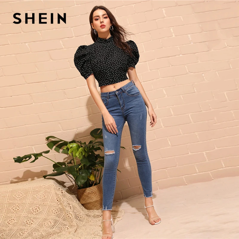 SHEIN, сексуальная черная блузка с воротником-стойкой, пышным рукавом и узлом, открытая спина, Топ в горошек, женская летняя блузка,, облегающие Блузы для улицы