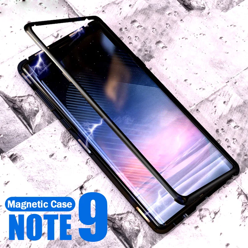 

Magnetic Adsorption Flip Phone Case For Samsung Galaxy Note 9 Magnet Metal Tempered Glass Cover For Samsung Note 9 Note9 Cases