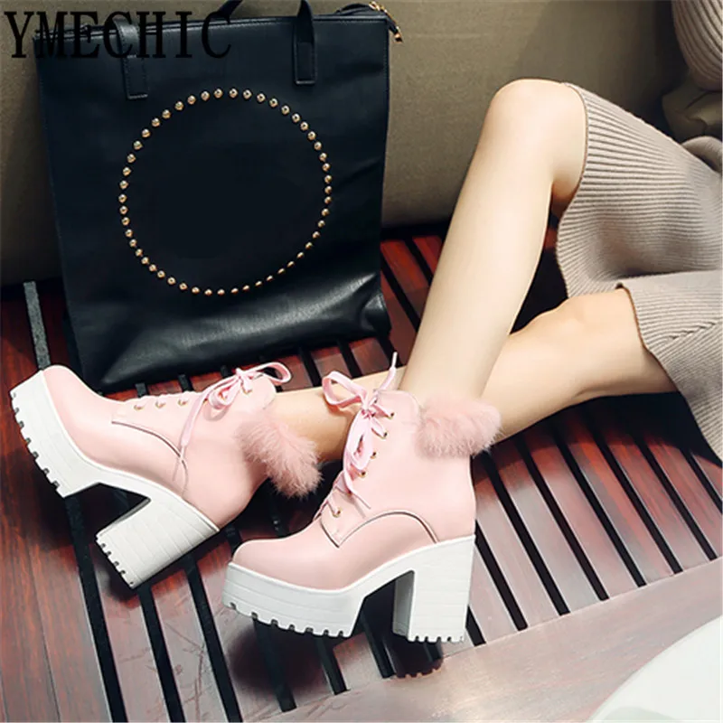 

YMECHIC Block High Heel Boots Female Pink White Black Fur Tassel Punk Gothic Ankle Combat Boots Women Lace Up Booties Big Size