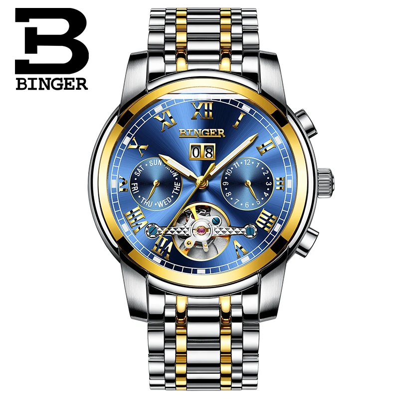 Модные спортивные часы Швейцария Бингер турбийон механические часы календарь Сапфир светящиеся водонепроницаемые автоматические часы для мужчин