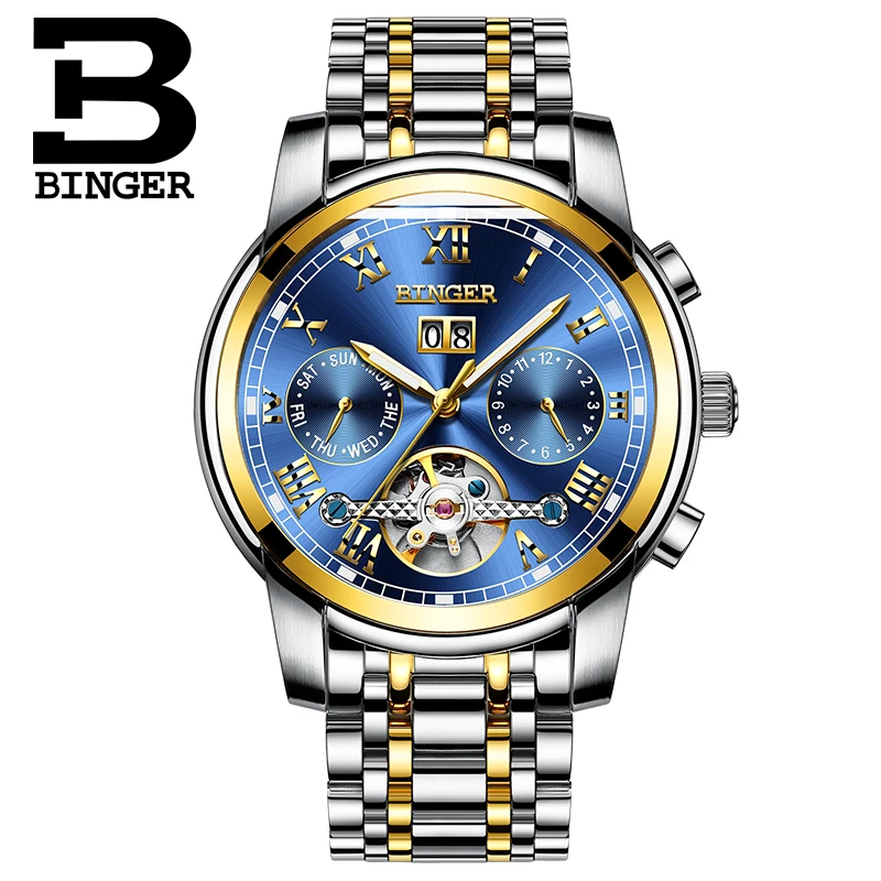 Модные спортивные часы Switzerland BINGER Tourbillon механические с календарем и сапфиром