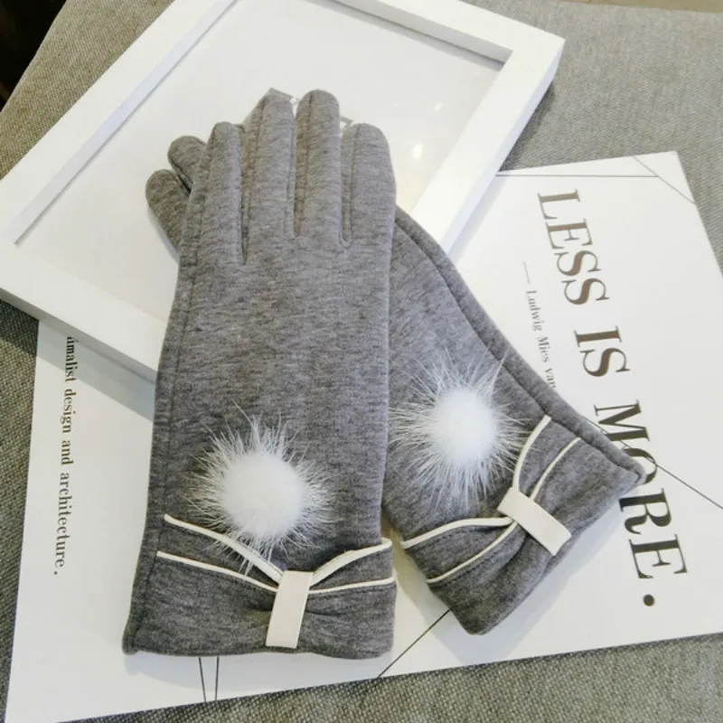 Корейский белые волосы мяч сенсорный экран пять пальцы толстые Перчатки милые теплые женские зимние Осень-весна перчатки варежки