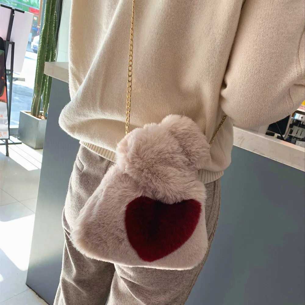 Bolsa do Coração do Leopardo da Pele do Falso Colete de Pele Forma de Crossover Bolsa com Cordão Bolsa para a Menina Super Bonito Crianças Bolsa Inverno Pequeno Que