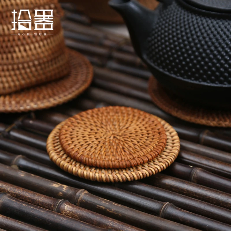 

6pcs Handmade Rattan Cup Coasters Set Cup Mat Cup Cushion Kung Fu Coffee Tea Set Table Placemats Mug Pads Cup Holder Decoration