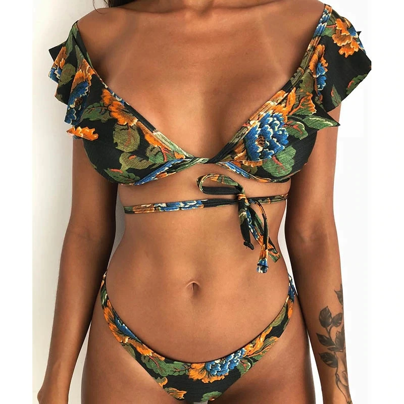 Hot Sale Off The Shoulder Print Ruffled Bikini Mujer 2018 New Sexy Swimwear Women Swimsuit Brazilian Bikini Set Thong Biquinis