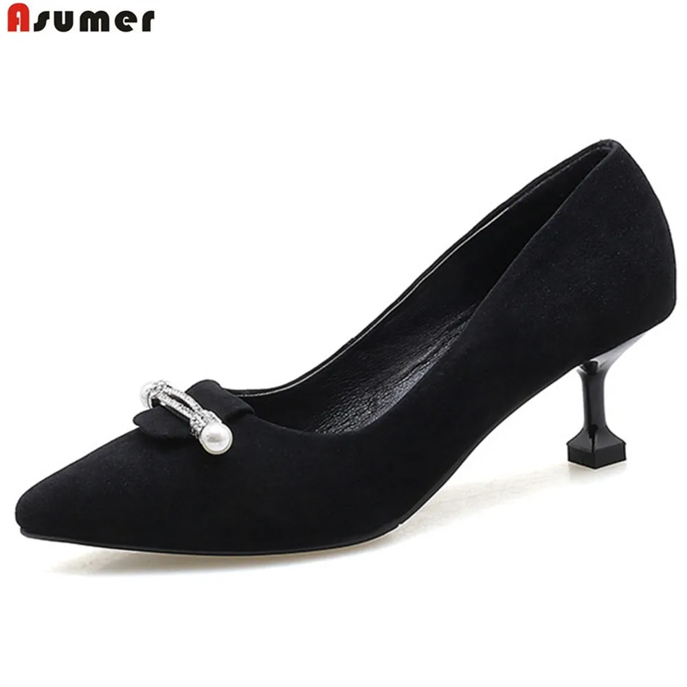 

ASUMER black pointed toe shallow crystal ladies spring autumn pumps shoes work prom women high heels shoes big size 34-43