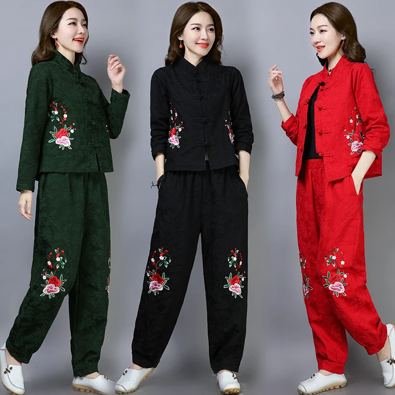 

Large size ethnic style cotton and linen women's spring new linen retro long-sleeved jacket cardigan wide leg pants two-piece