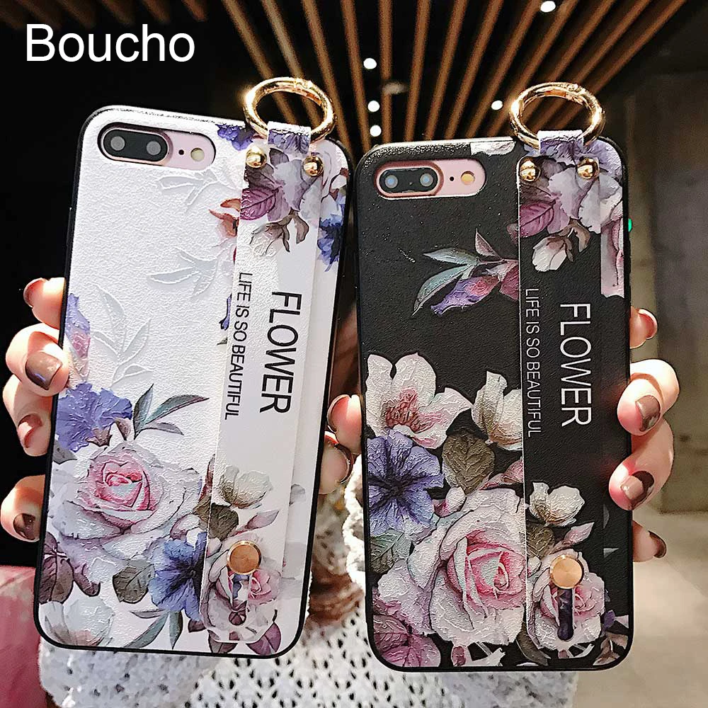 Boucho Phone Case For iphone Xs Max XR X 7 8 6 6s plus 3D Relief Rose Flower Floral Silk Pattern Soft With Wrist Strap |