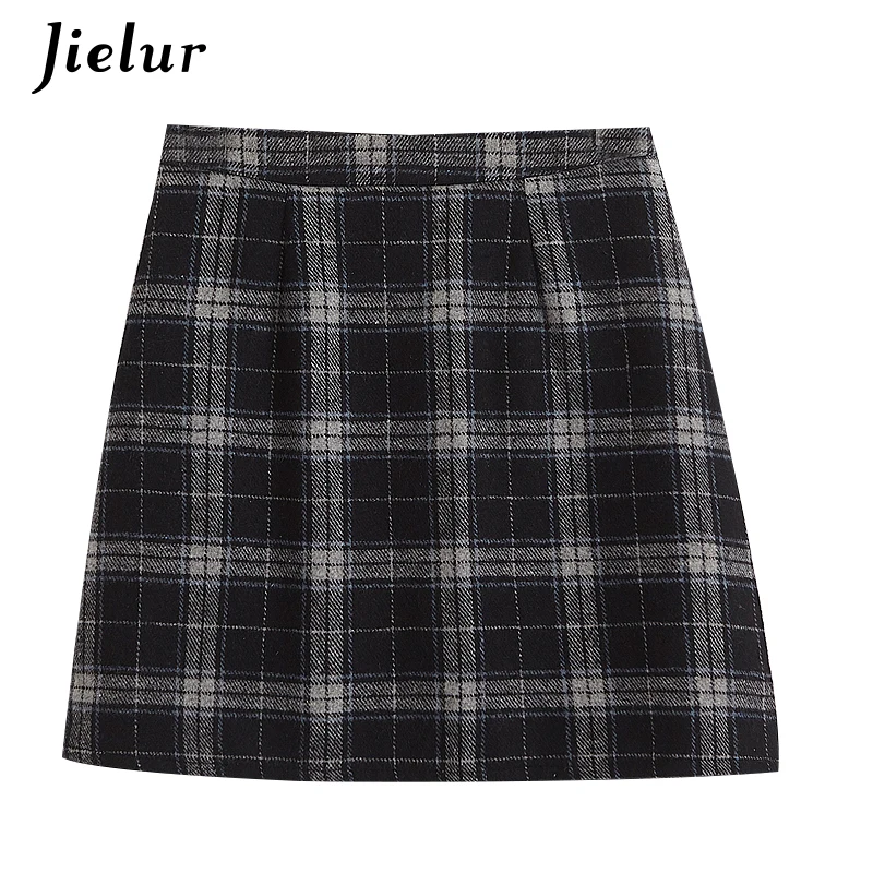 

Jielur Winter Autumn Plaid Woolen Skirt Female Korean Brief Chic Retro Grace High Waist Skirts Women Japan Cute Black Mini Falda