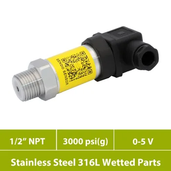 

3000 psi gauge for air water and oil, 0 5V 3 wire pressure sensors, 12 24 V excitation, 1 2 in NPT thread + ss 316L wetted parts