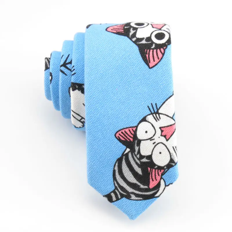 Галстуки для мужчин, мультяшный галстук, синий галстук с модным принтом кошки, галстук из холста, хлопок, узкий галстук, мужской подарок, котенок, gravata