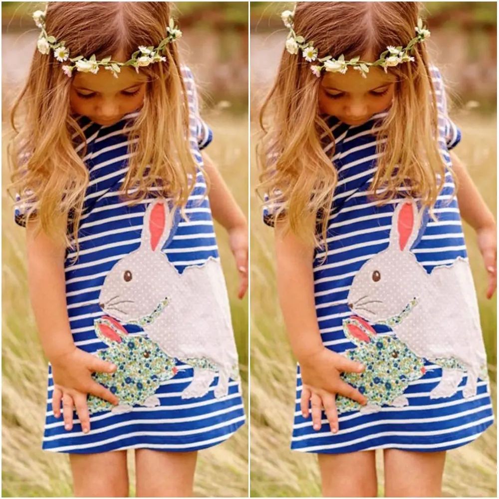 

NEW Pretty Kids Baby Girls Dress Cute Bunny Navy White Striped Cartoon Fashion Dress