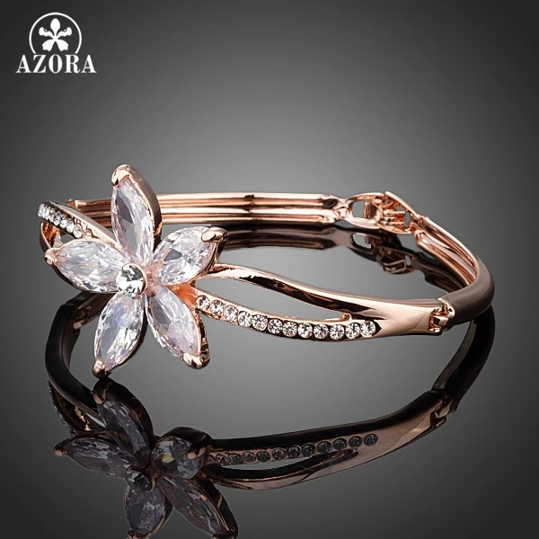 AZORA Rose Gold Color Five Petals Flower Cubic Zirconia Charm Bangle Bracelet TB0057