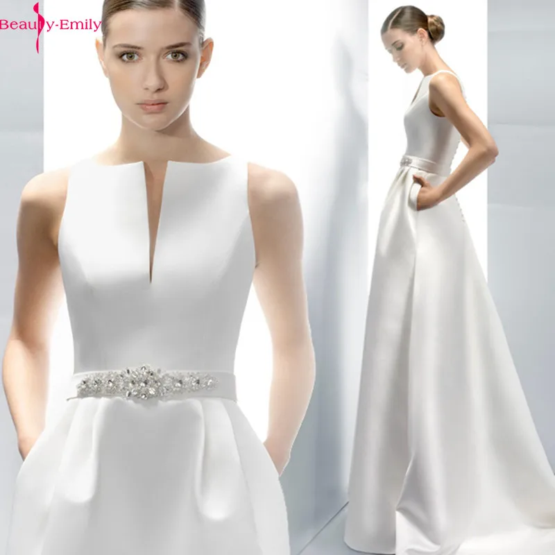 New Arrival Simple Off White Wedding Dresses 2019 Crystal Belt