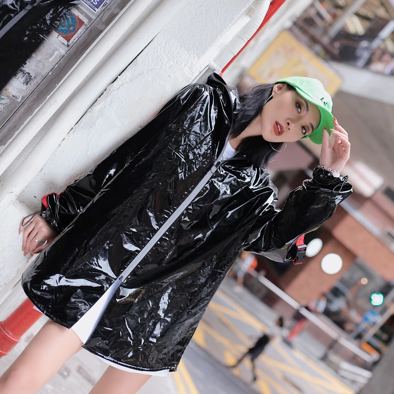 VKBN 2018 Autumn Clothing leather jacket New Tide Brand Behind Printing Light Black Hat Leisure Cardigan Loose Coat Woman Coats