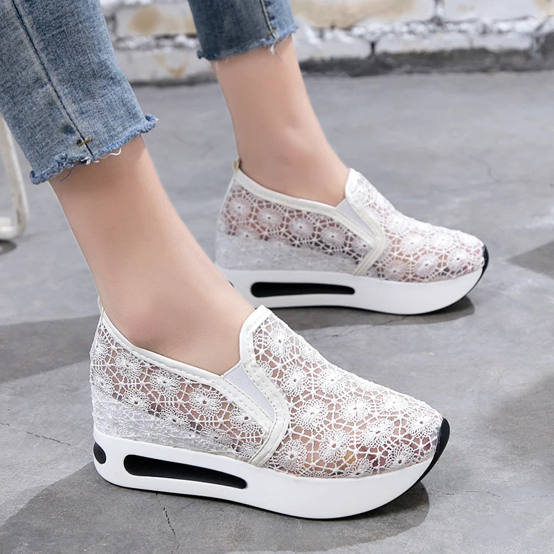 

2019 New Women Casual Platform Shoes Lace High Heels Shoes Wedges Women Sneakers Shoes Trainers Loafers Height Increasing