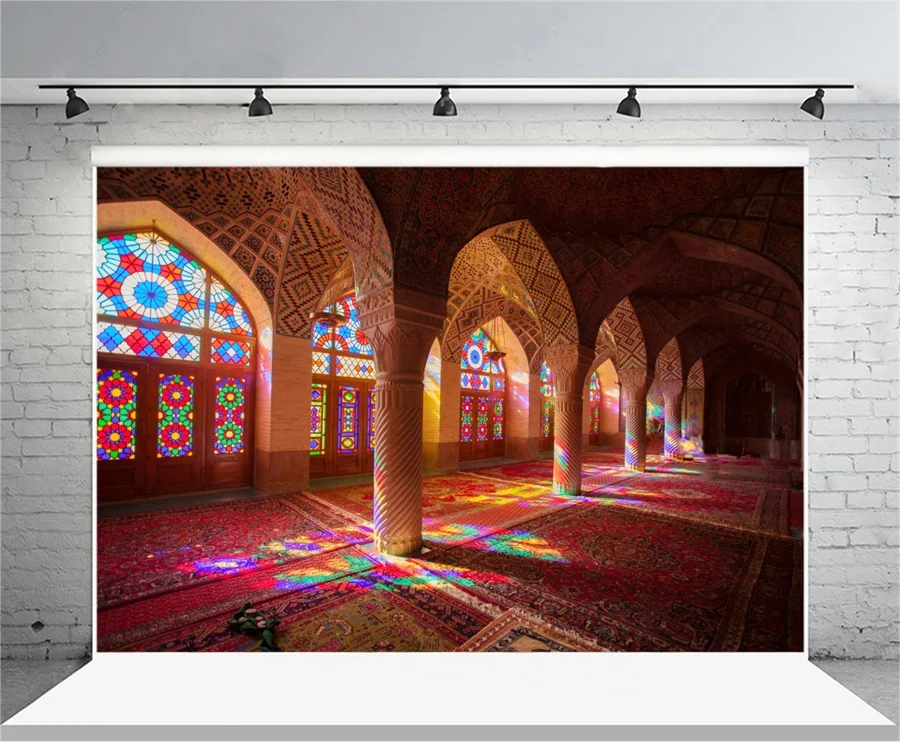 Laeacco Gorgeous Arch Windows Temple Hall Scene Photography Backdrops