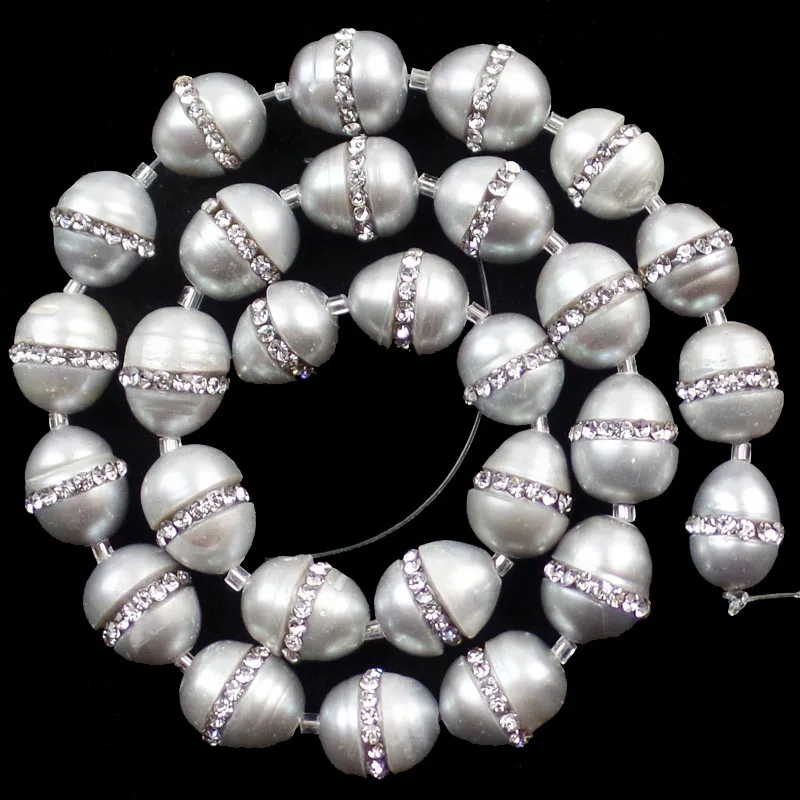

Free shipping Beautiful 1 strand Grey Pearl & Rhinestone Loose Bead 15.5 inch (28Pcs) 12x11mm SAM_9517(Min.order 10$ mix)