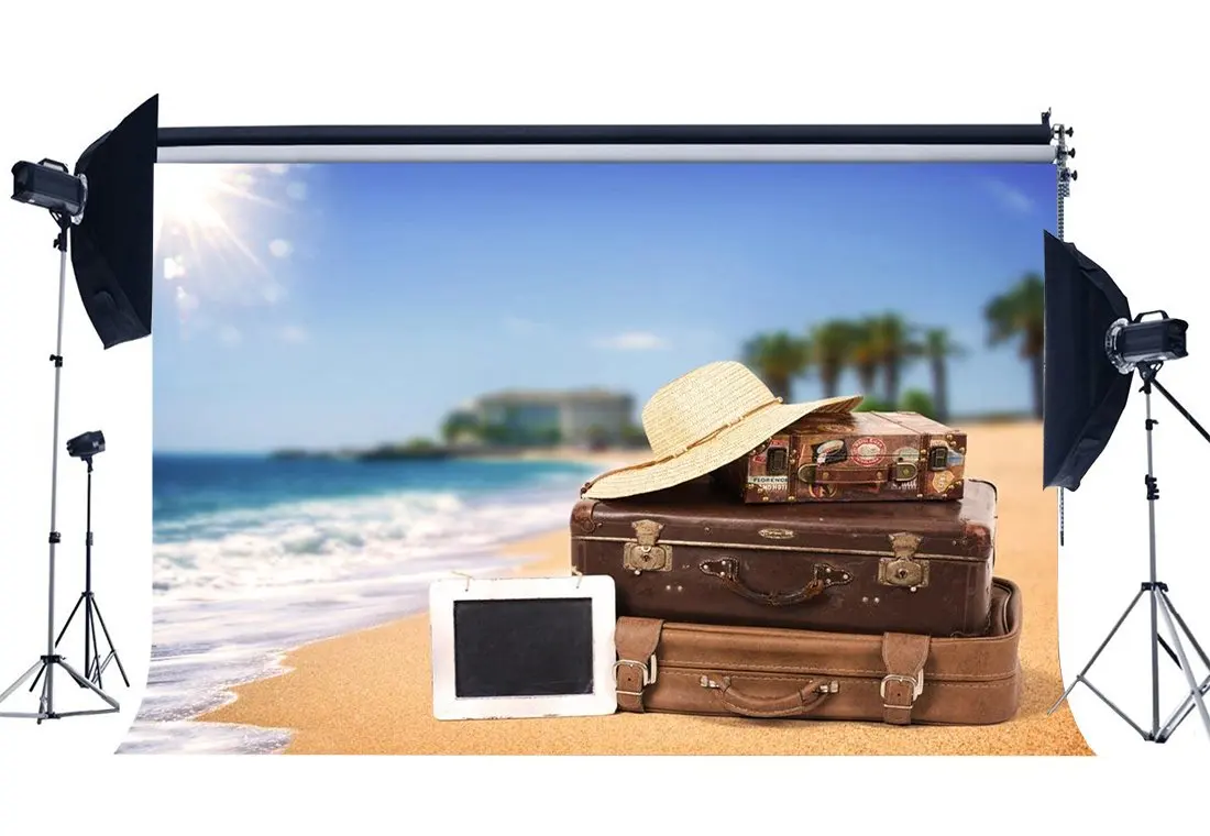 

Seaside Sand Beach Backdrop Coconut Palm Vintage Suitcase Straw Hat Blue Sky White Cloud Background Lover