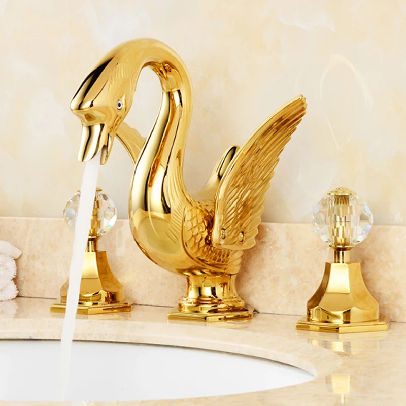Golden Brass Widespread Bathroom Basin Faucet Animal Swan ...