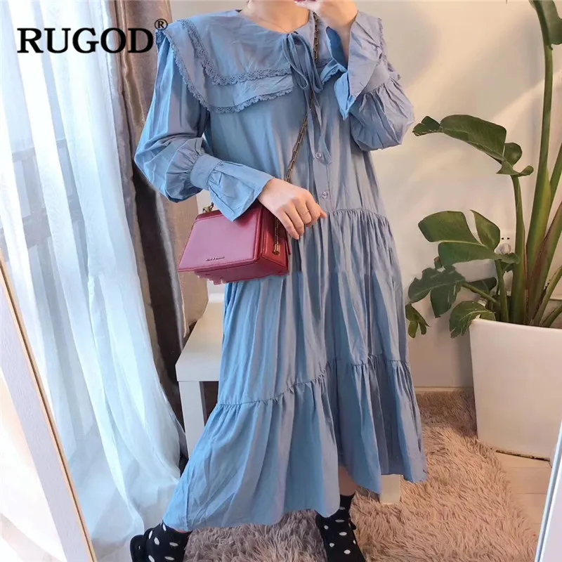 

RUGOD 2019 New Solid Dress Vintage Sailor Collar Long Sleeve Midi Dress Women Summer Big Hem Loose Dress vestidos mujer