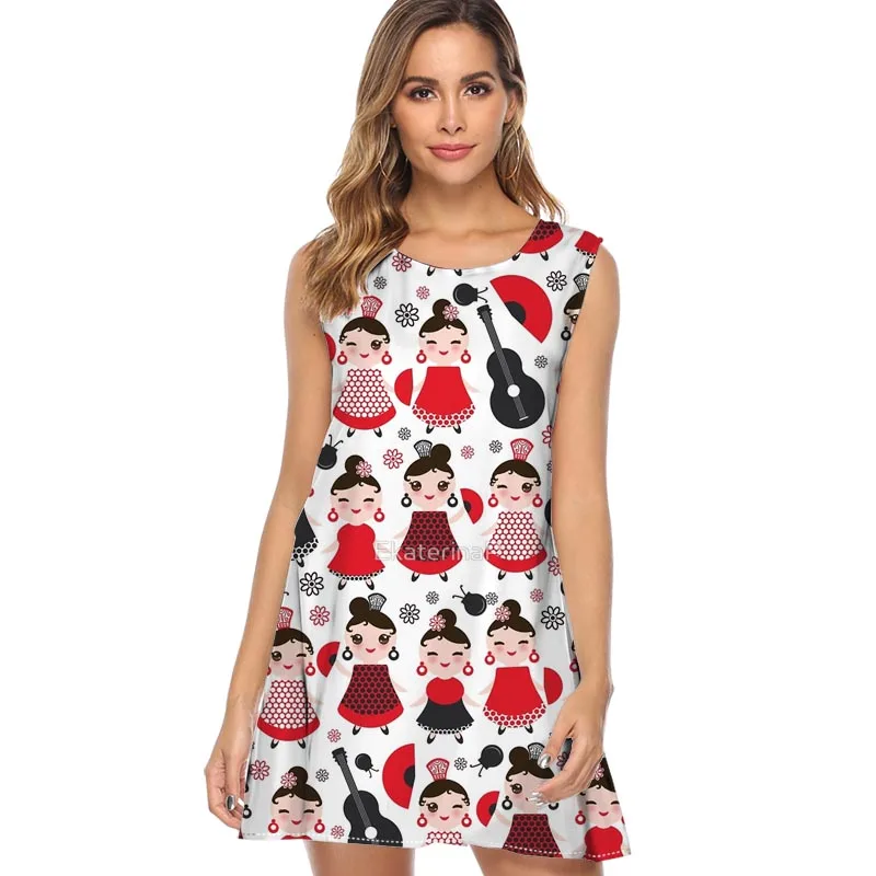 

Girls with guitars Print Summer Women Dress Fashion Sleeveless Chiffon Ladies Dress 2019 Cute Mini Boho Beach Dress Vestidos