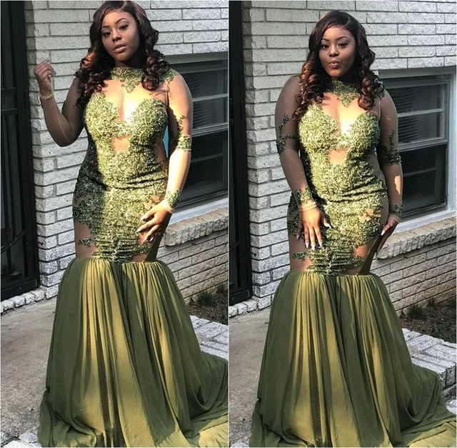 Robe De Soiree African Sexy Green Plus Size Prom Dresses 2019 Long Sleeve Appliques Lace Women Long Party Evening Gowns - Prom Dresses - AliExpress